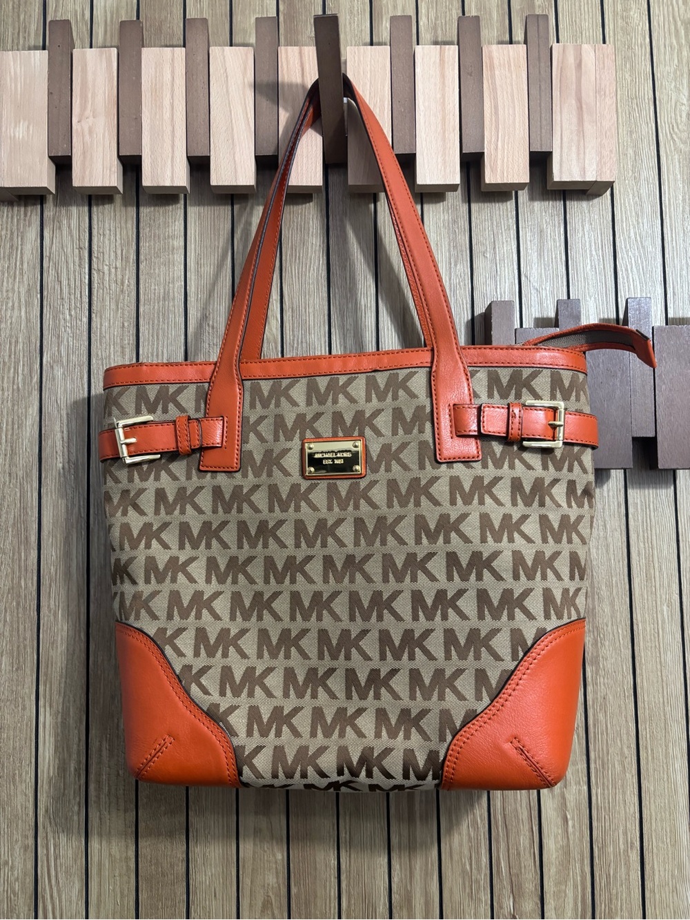 Michael Kors Brown MK Monogram Tote with Orange Trim